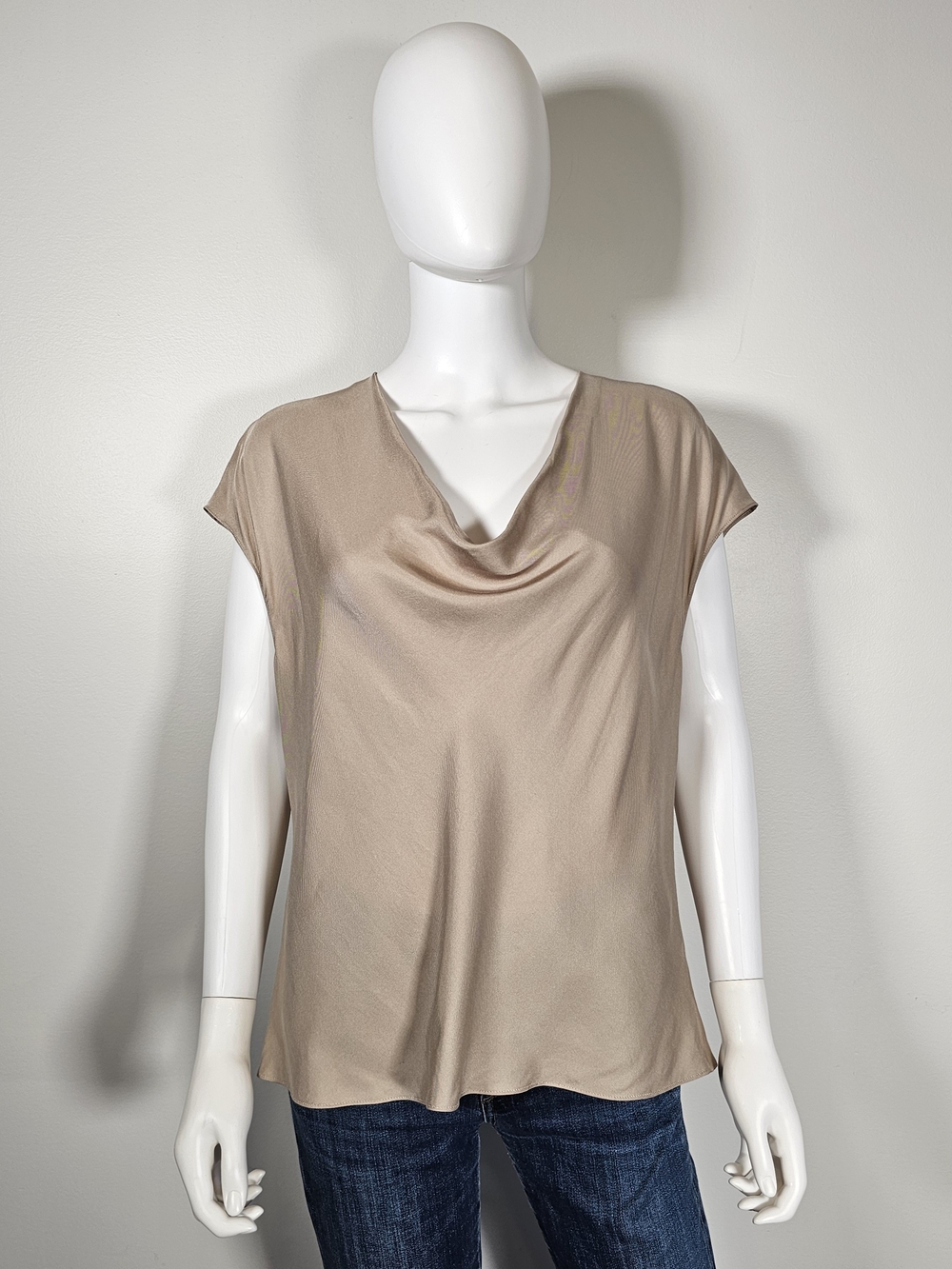 Vince Light Brown Tan Cream Draped Short-Sleeve Silk Blend Blouse Sz M
